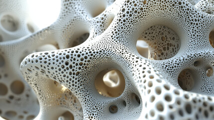 Poster - An abstract 3D artistic background with realistic porous patterns in detailed 4K resolution viewed from a side angle displaying intricate surface textures.