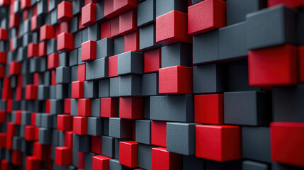Poster - Realistic side angle 4K rende showcases a dynamic three dimensional background with an abstract o design of gray and red cubes in a detailed pattern.