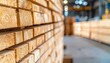 © Pastel - Stacked wooden planks in a lumberyard with a blurred industrial background and warm lighting.