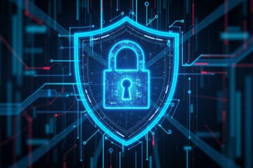 Fototapete - Digital shield and lock graphic in a technology background.