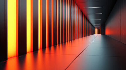 Poster - Realistic 4K 3D o representation background showcases a futuristic corridor with glowing orange vertical lines on the side reflecting on the floor creating depth.