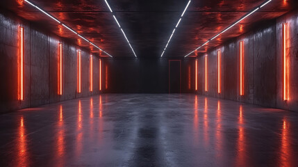 Poster - 3D o visualization shows a futuristic hall with vibrant neon lighting, reflective surface, and immersive ambient atmosphere in 4K rende side A design.