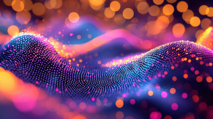 Poster - 3d o visualization shows illuminated dots forming flowing waves against a soft bokeh background for 