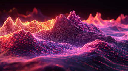 Poster - realistic side angle 4k 3d background shows illuminated o waves undulating with vibrant color gradie