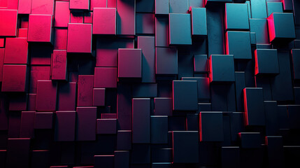 Poster - Bold 3D abstractions create a realistic 4K background with dark cubes and vibrant red accents viewed from the side angle, offe a modern texture.