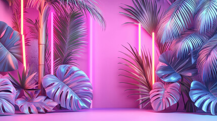 Poster - bold 3d tropical background with realistic palm leaves, neon lights, and vibrant pink colors display