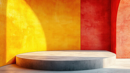 Poster - a realistic 4k 3d background shows a bold yellow and red graphic with a side angle view of a platfor