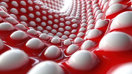 Poster - 4K realistic 3D background showing a bold visual of white spheres embedded in a red surface, captured from a side angle perspective for an abstract design.