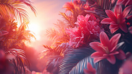 Poster - a vibrant 3d botanical scene showcases realistic pink flowers and palm leaves against a warm sunset,