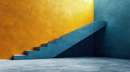 Poster - a captivating 3d composition showcases realistic blue stairs against a vibrant yellow wall, creating