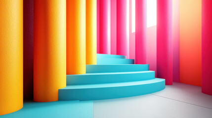 Poster - this 4k image features a vibrant 3d composition of colorful pillars and a curved staircase viewed fr