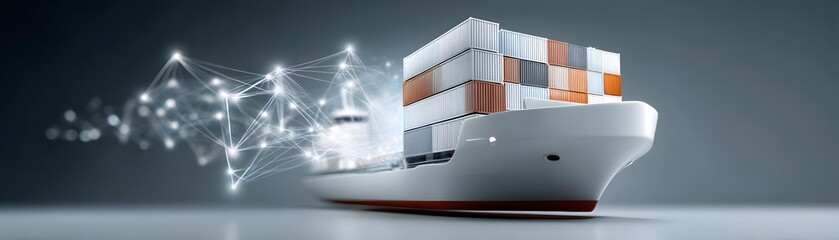 Poster - Magazine cover featuring a futuristic cargo container ship with advanced global logistics technology, detailed world maps, and interconnected supply chain networks