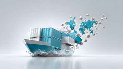 Poster - Magazine cover featuring a futuristic cargo container ship with advanced global logistics technology, detailed world maps, and interconnected supply chain networks