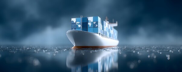 Poster - futuristic cargo container ship utilizing advanced technology for global logistics, featuring world 