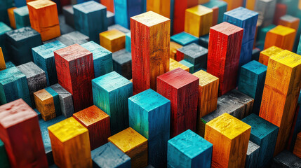 Poster - A vibrant 3D background featu colorful geometric patterns of realistic wooden blocks angled from the side in stunning 4K resolution detail and depth.