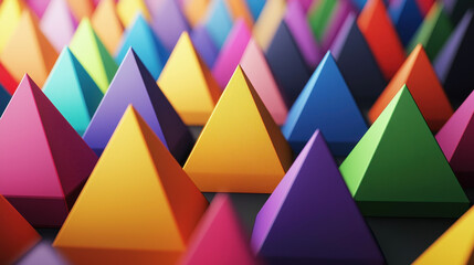 Poster - A vibrant 3D background featu a realistic array of colorful triangular shapes arranged at a side angle, rendered in 4K resolution for exceptional clarity.