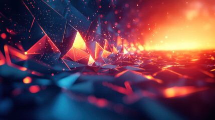 Poster - Side view of realistic 4K 3D background with creative exploration of glowing polygonal shapes and particles creating dynamic and abstract design elements.