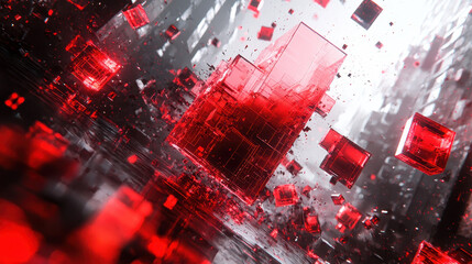 Poster - Abstract red translucent cubes float in a dynamic 3D background, creating a creative visual with a realistic, high-resolution 4K side angle view.