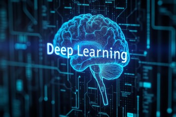 Fototapete - Digital illustration of a brain with deep learning text overlay.