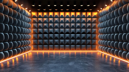 Poster - A dark, realistic 4K 3D background with textured walls and floor creates a modern soundproofed studio space with digital o design from a side angle perspective.