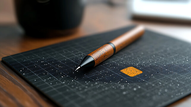 Closeup of a Brown and Orange Stylus Pen on a Black Grid Cutting Mat