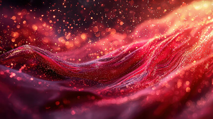 Poster - A realistic 4K side angle view of dynamic red energy flowing in a mesmerizing 3D background, shimme with glitte particles and a powerful, vibrant glow.