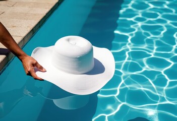 white sun hat floating on the surface of a clear blue pool
