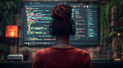 Woman software developer coding at night on large monitor