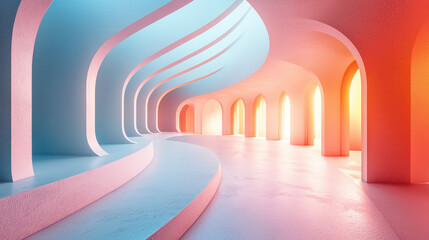 Poster - A realistic 4K 3D background featu elegant curves and arches viewed from a side angle showcases pastel hues in a sleek and contemporary setting.