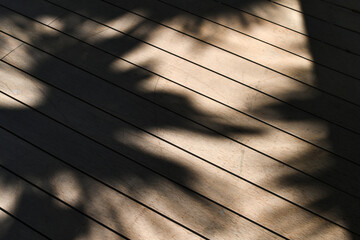 Fototapete - Shadow wood floor sunlight pattern abstract texture plank natural outdoor create calm mood with soft palm leaf shadows on wooden planks