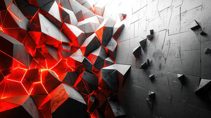 Poster - Realistic 4K side angle view shows 3D endless loop background of fractured geometric shapes with vibrant red glowing highlights and contrasting gray textures.