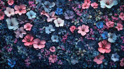 Poster - a realistic 4k 3d background showcasing a tapestry of pink, blue, and purple floral patterns viewed 