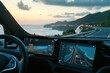 © HO - EV moving along coastal highway, GPS interface floating in AR style