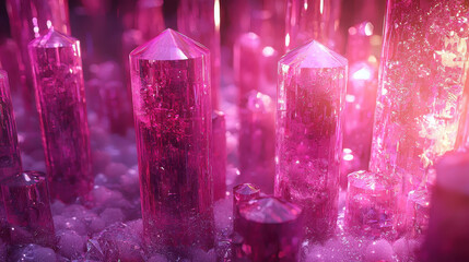 Poster - A vivid 4K 3D background presents a side view of a frequency analysis displayed as realistic, shining magenta crystal formations in an abstract design scene.