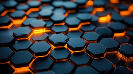 Poster - A realistic 4K 3D background featu a side view of geometric hexagonal patterns glowing with warm orange light emanating from underneath the dark shapes.