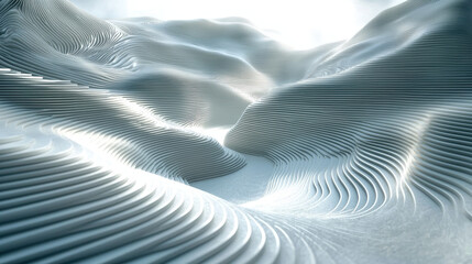 Poster - Harmonious 4K 3D background of realistic white side view angled forms creating a soothing visual landscape with undulating shapes and luminous lighting effects.