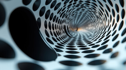 Poster - An abstract realistic 4K hypnotic visual in a 3D background shows a side angle perspective of a receding tunnel of circles creating a sense of depth and illusion.