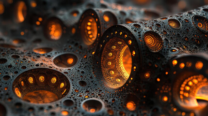 Poster - A realistic 4K 3D background shows layered spirals from a side angle, glowing with intricate details and a mesmerizing pattern of circles and depth creating wonder.