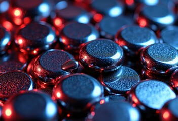 Poster - Close-up of shiny metallic buttons reflecting vibrant red light