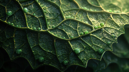 Poster - Realistic 4K detail shows an abstract 3D background of a vibrant green leaf with water droplets, showcasing the beauty of nature in high definition.