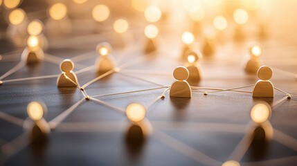 Fototapete - Conceptual Network of People Connecting with Golden Light and Shallow Depth of Field on Dark Surface for Social Media or Business