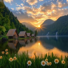 Poster - Sunrise over Lake with Cabins and Mountains in Austria, Scenic Landscape Photography, Golden Hour Light and Reflections