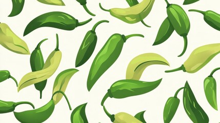 Poster - Green Chili Pepper Pattern Fresh Food Background Close Up Flat Lay View of Jalapenos and Banana Peppers on White