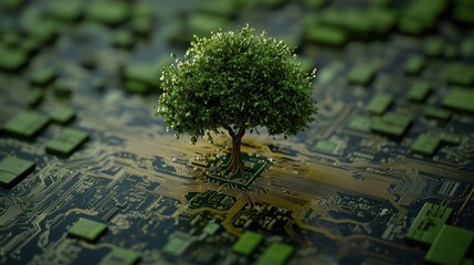 Fototapete - Green Tree Growing on Circuit Board Close Up Symbolizing Environmental Technology and Sustainable Computing Solutions for the Future