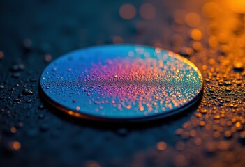 Poster - Close-up of a circular surface with colorful water droplets reflecting light