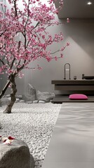 Poster - Serene Bathroom Sanctuary with Cherry Blossom Tree and Zen Garden Interior Design Close Up