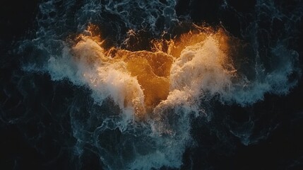 Poster - Aerial View of Golden River Rapids with Turbulent Water and White Foam Splashing in Dark Blue Depths