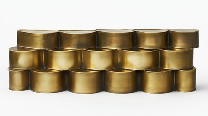 Aufkleber - Stacked Golden Cans Still Life Close-Up on White Background in Studio Lighting for Food Storage or Artistic Display
