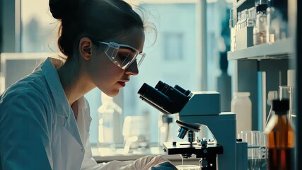 Poster - Woman researcher analyzing samples under microscope in laboratory during daytime, Scientific researchers in laboratory, woman analyzing sample under microscope