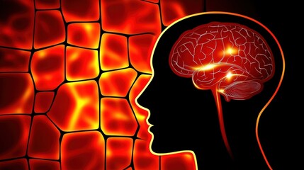 Leinwandbilder - Human Brain Illustration Showing Neural Activity and Connectivity in Red and Orange Tones on Black Background